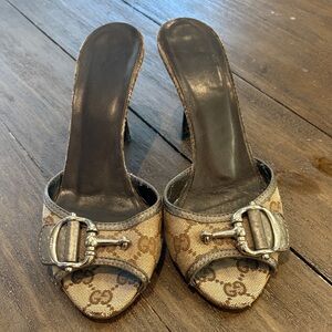 Gucci Women's Tan and Black Mules with Silver Buckle